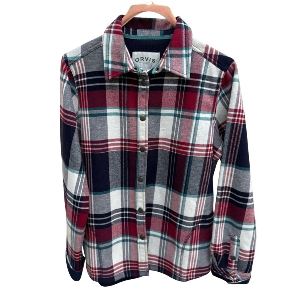 Orvis Women Red Navy Plaid Fleece Lined Flannel Shirt Jacket Snap Front Small